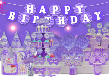 Bộ phụ kiện trang trí bàn tiệc thôi nôi chủ đề màu tím